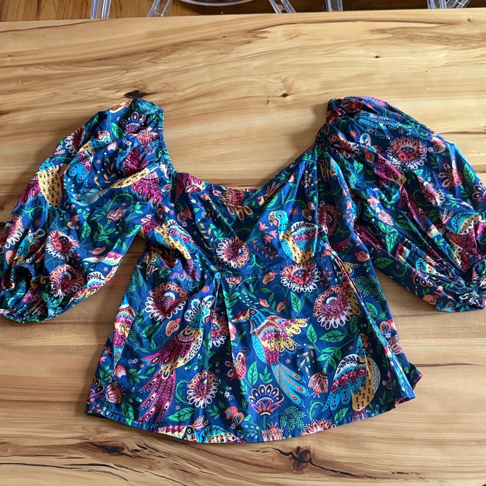 FARM Rio Vibrant Blue Floral Puff Sleeve Blouse